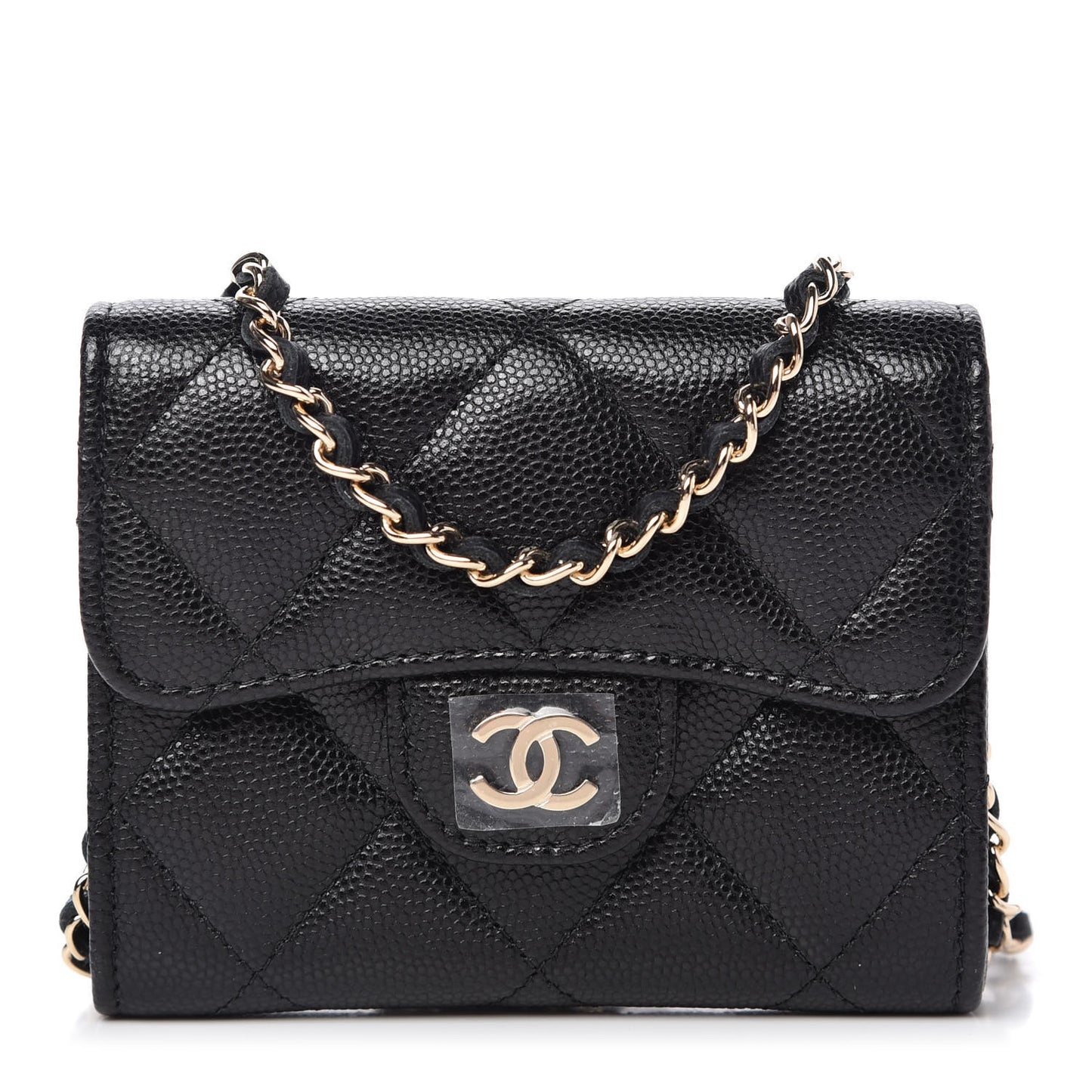 Caviar Quilted Flap Card Holder On Chain Black