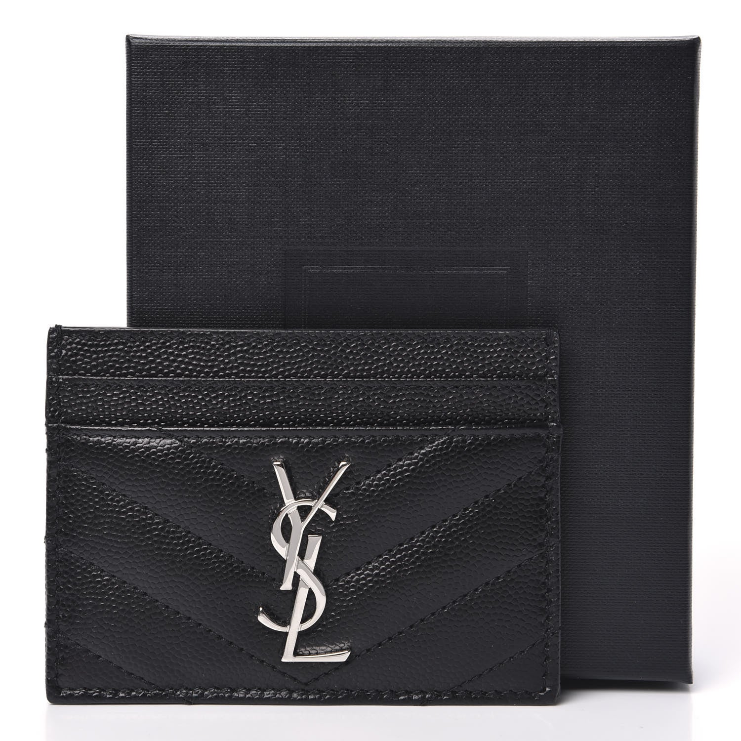 Saint Laurent Grain De Poudre Matelasse Chevron Monogram Credit Card Case Black 7 of 7