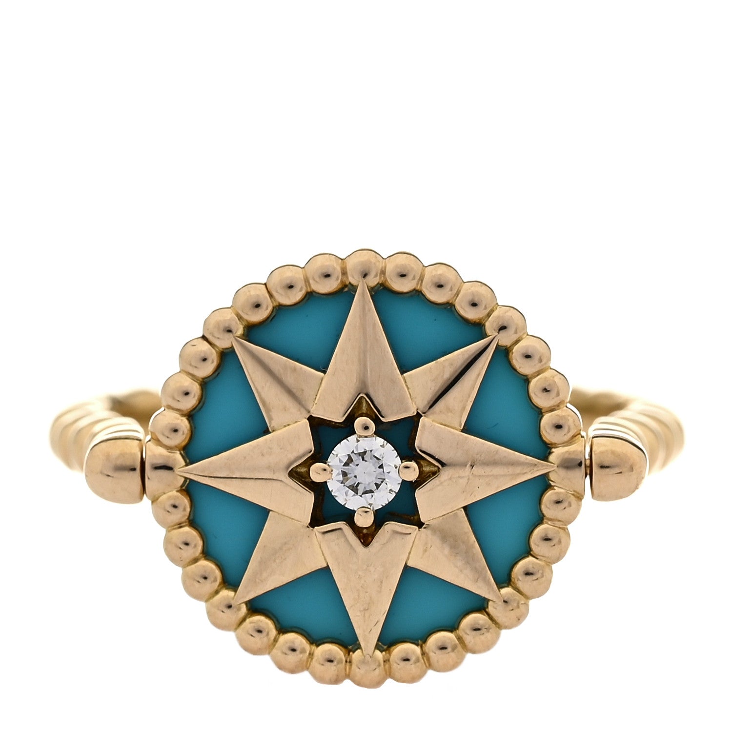 Christian Dior 18K Yellow Gold Diamond Turquoise Rose Des Vents Ring 50 5.25 1 of 5