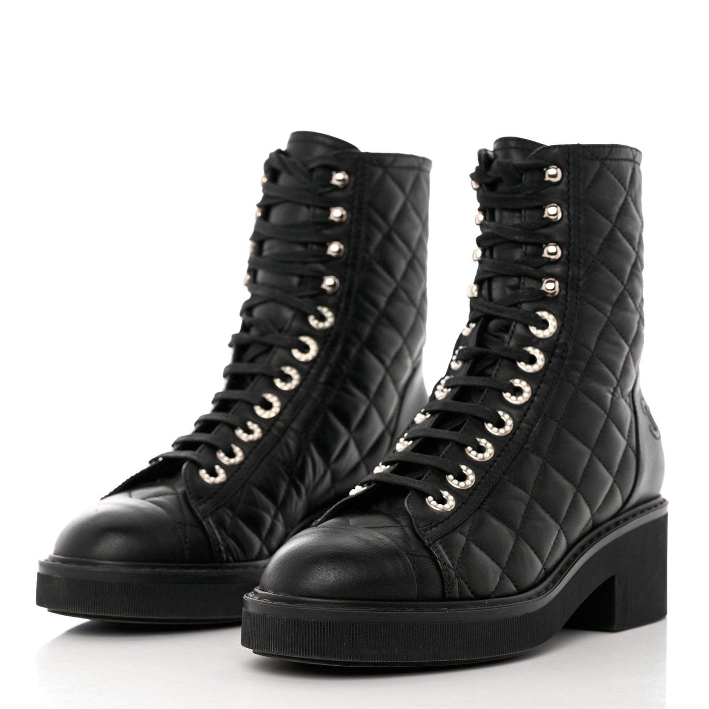 Lambskin Quilted Lace Up Combat Boots 36.5 Black
