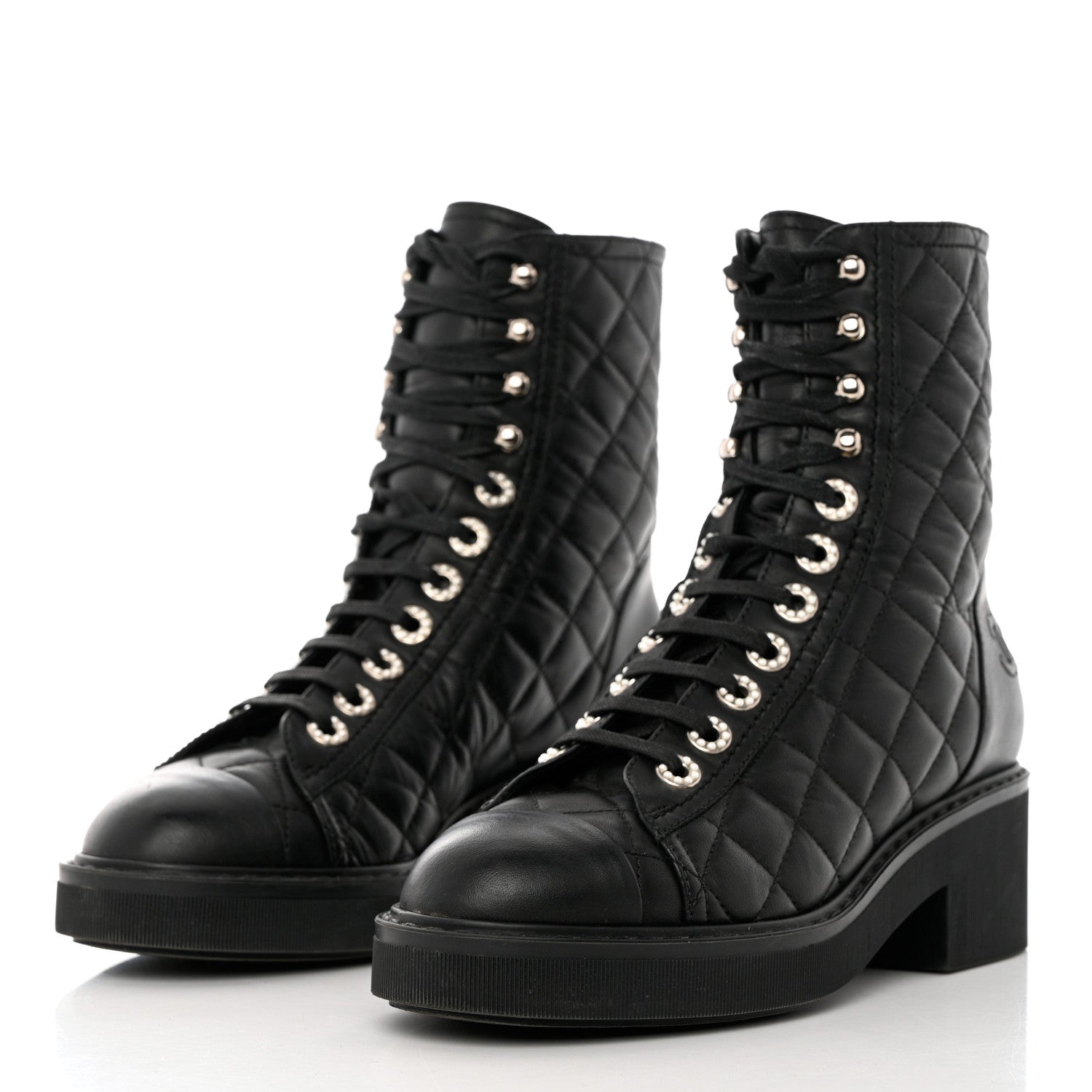 Chanel Lambskin Quilted Lace Up Combat Boots 36.5 Black 3 of 8