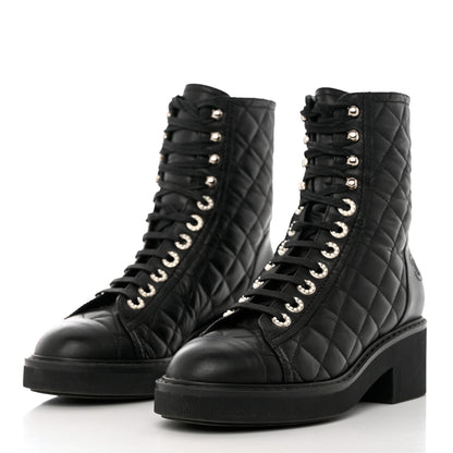 Chanel Lambskin Quilted Lace Up Combat Boots 36.5 Black 3 of 8