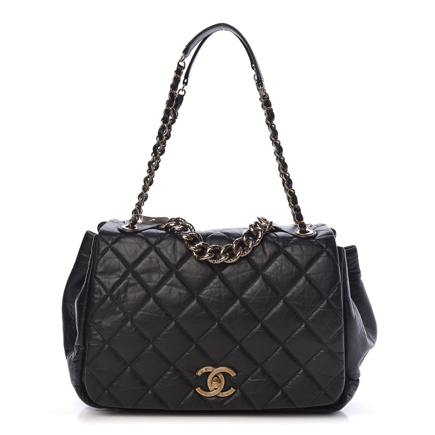 Aged Calfskin Quilted Large Pondichery Flap Black