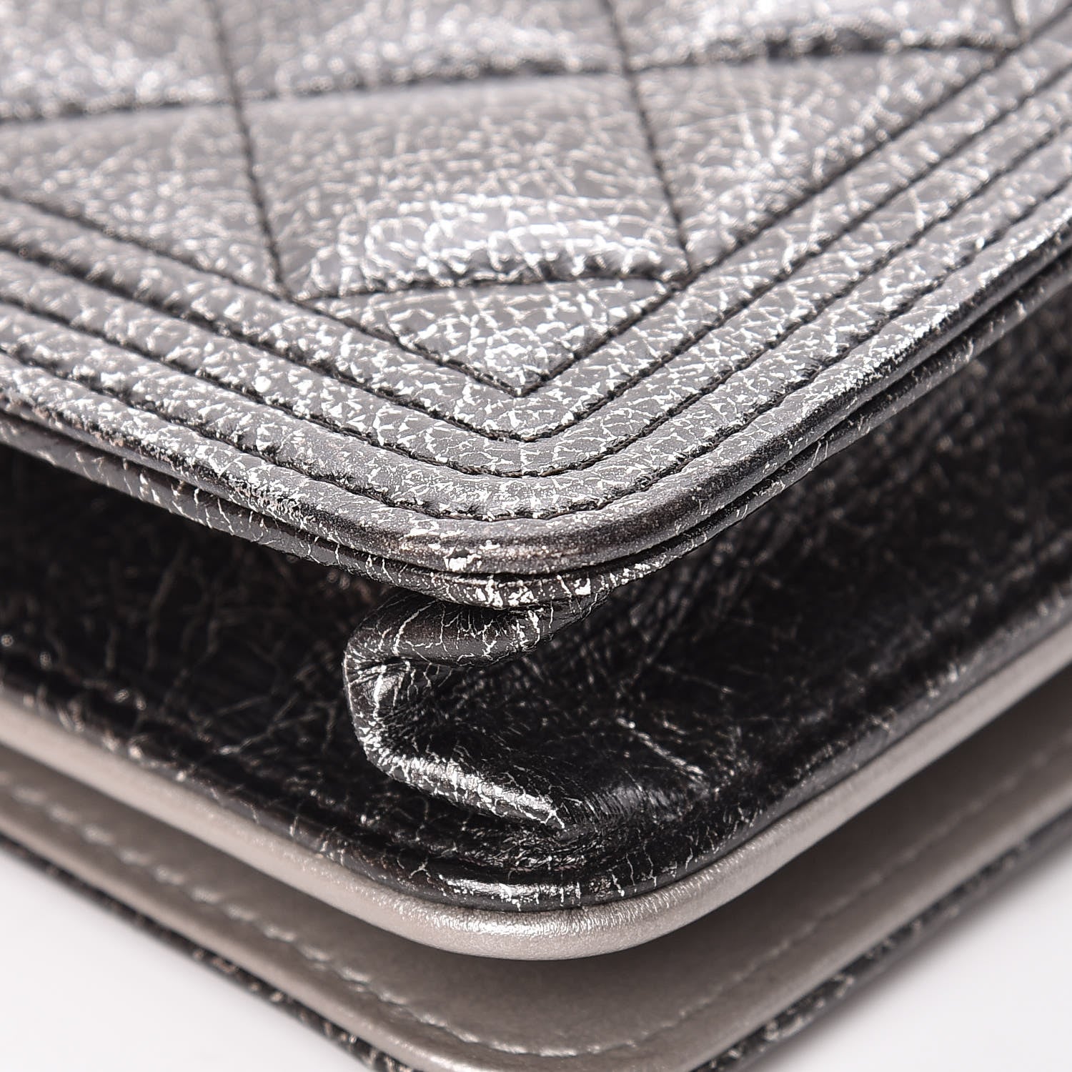 Chanel Cracked Metallic Calfskin Quilted Boy Wallet On Chain WOC Dark Silver 13 of 19