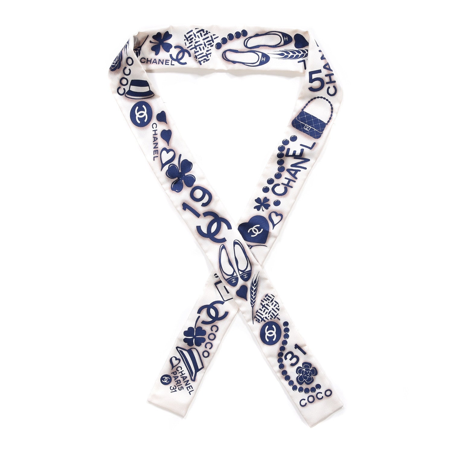 Chanel Silk CC Slim Bandeau Scarf White Blue 1 of 5