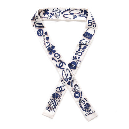 Chanel Silk CC Slim Bandeau Scarf White Blue 1 of 5