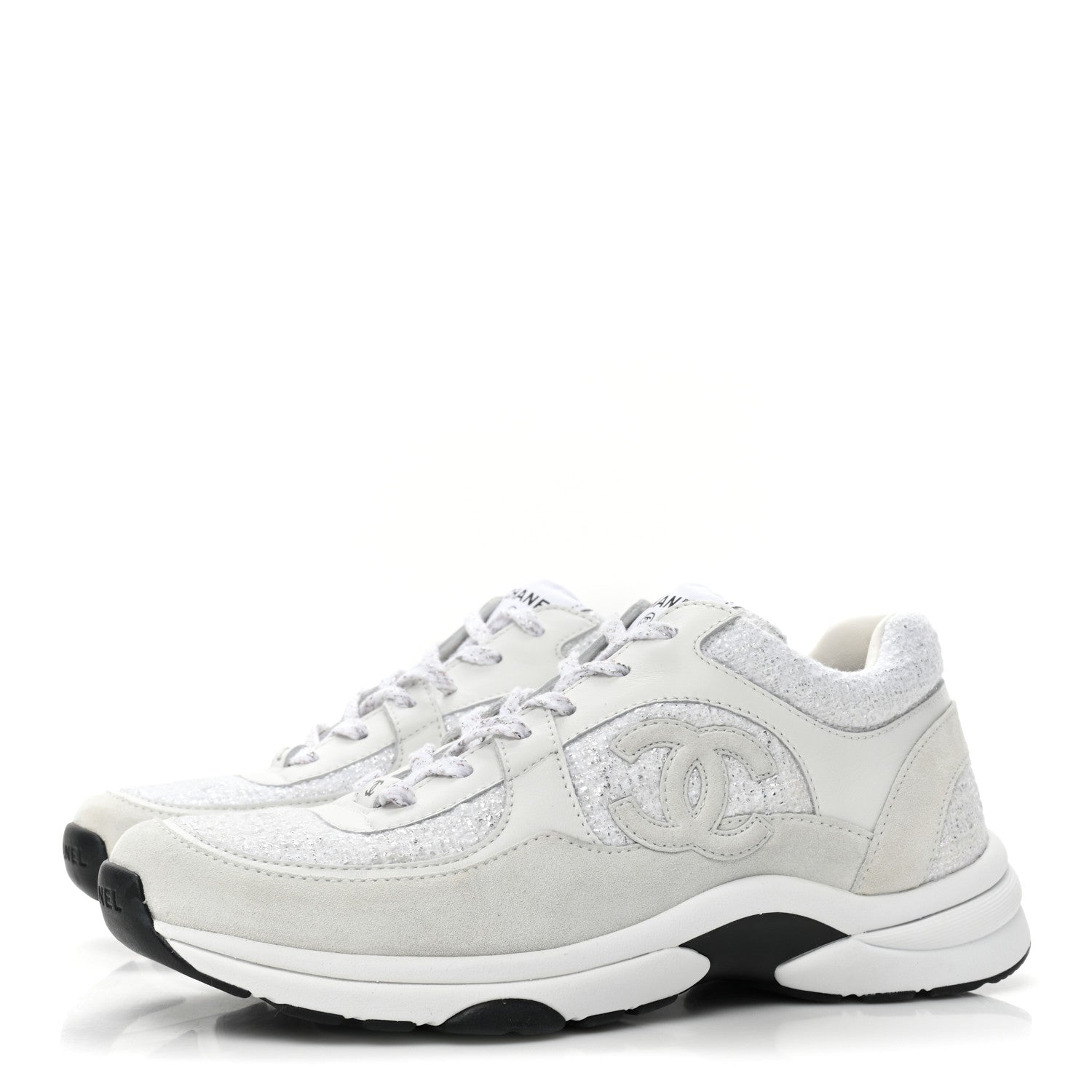 Chanel Painted Iridescent Cotton Tweed Suede Calfskin Womens CC Sneakers 39.5 White Silver Multicolor 3 of 8