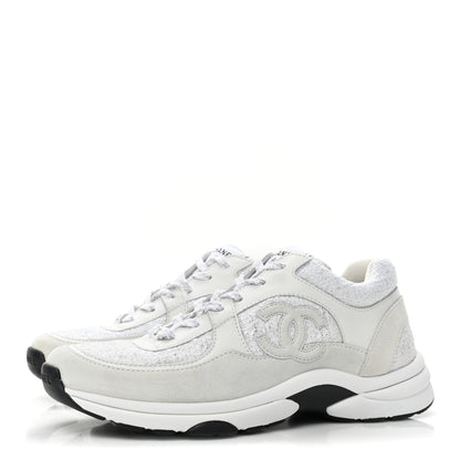 Chanel Painted Iridescent Cotton Tweed Suede Calfskin Womens CC Sneakers 39.5 White Silver Multicolor 3 of 8