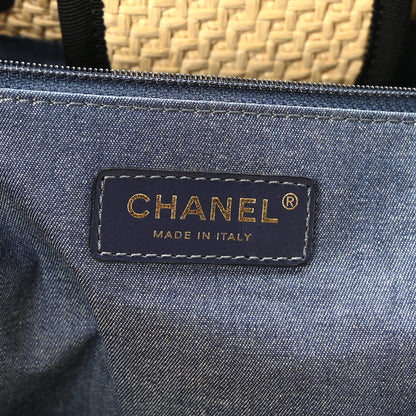 Chanel Straw Raffia Calfskin Chain Deauville Tote Beige Black 5 of 10