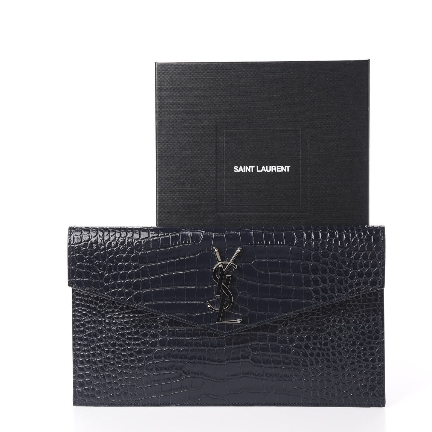 Calfskin Crocodile Embossed Uptown Monogram Clutch Deep Marine
