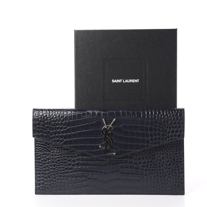 Saint Laurent Calfskin Crocodile Embossed Uptown Monogram Clutch Deep Marine 9 of 9