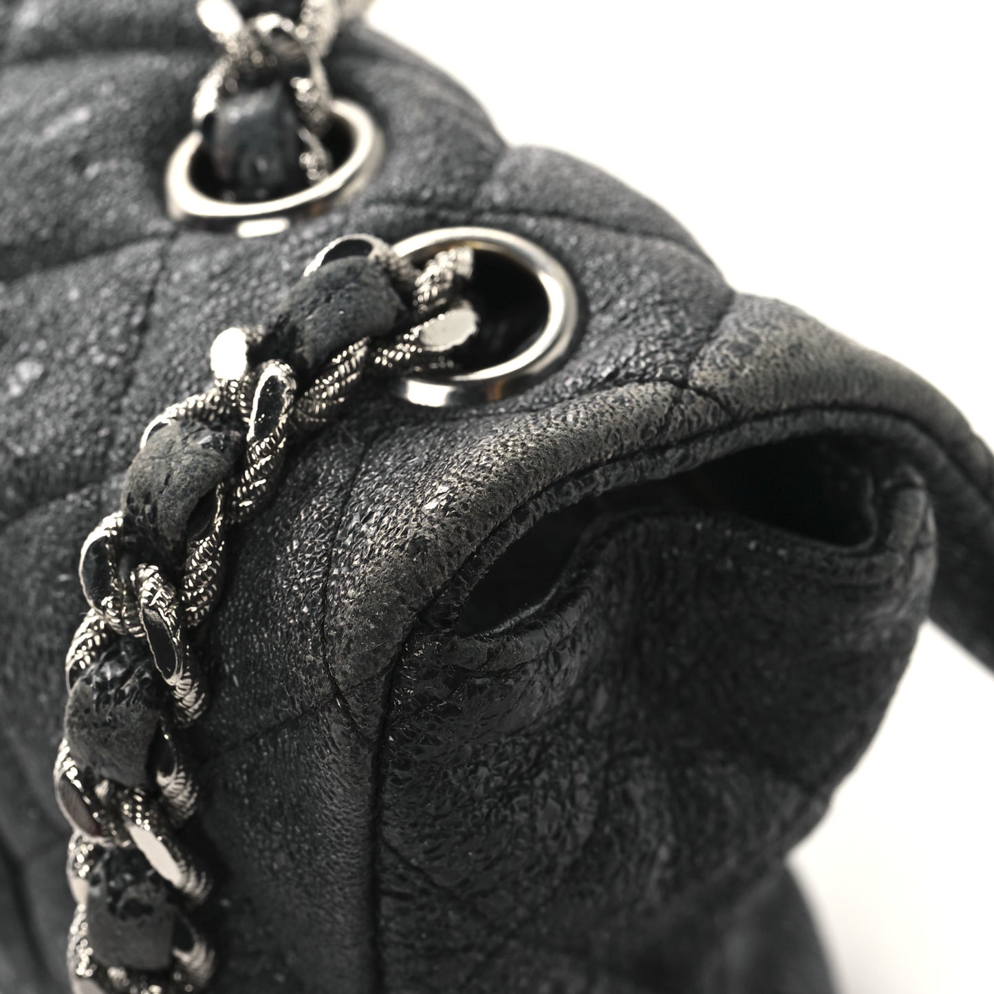 Metallic Crackled Calfskin Quilted East West Flap Navy