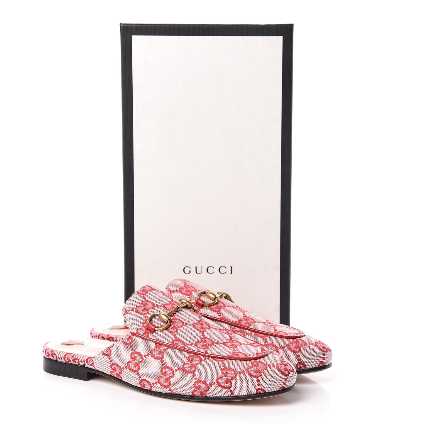 Canvas GG Monogram Horsebit Womens Princetown Slippers 37 Gardenia Hibiscus Red