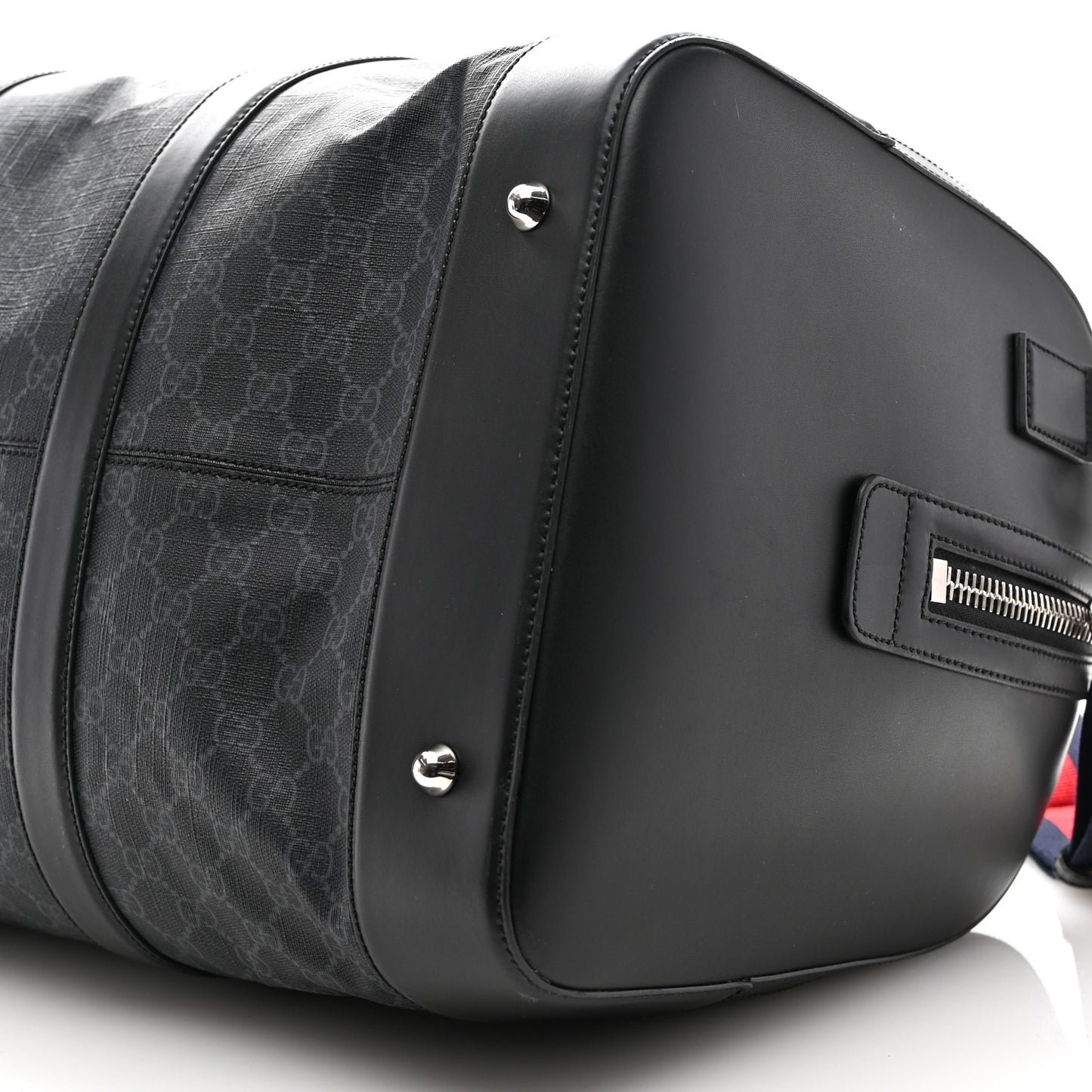 Soft GG Supreme Monogram Appia Calfskin Web Large Carry On Duffle Bag Black Grey