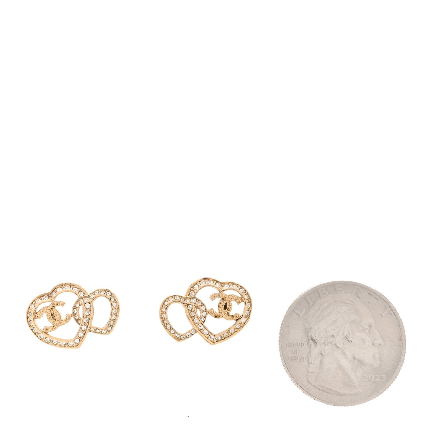 Chanel Crystal Metal CC Double Heart Earrings Gold 2 of 4