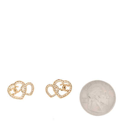 Chanel Crystal Metal CC Double Heart Earrings Gold 2 of 4
