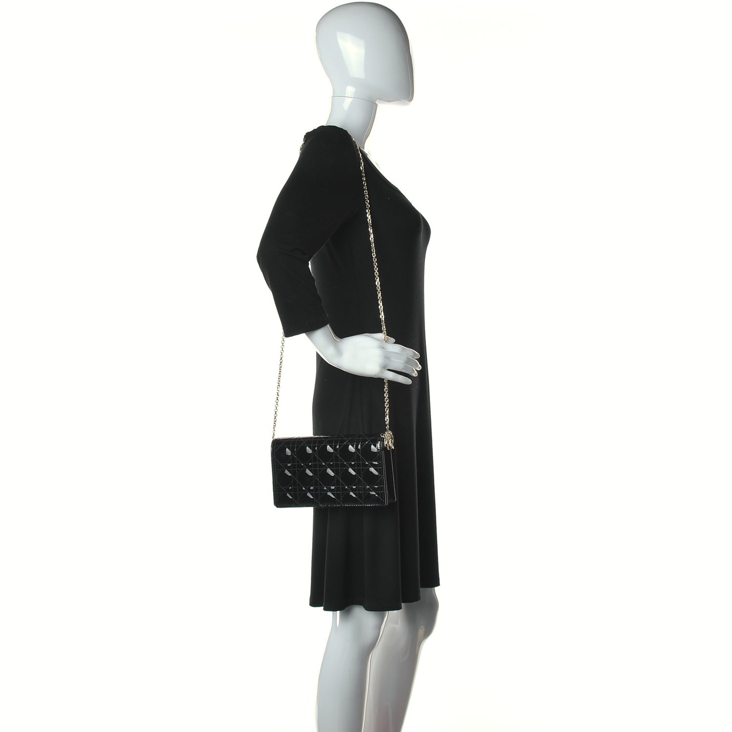 Patent Cannage Lady Dior Chain Wallet Black