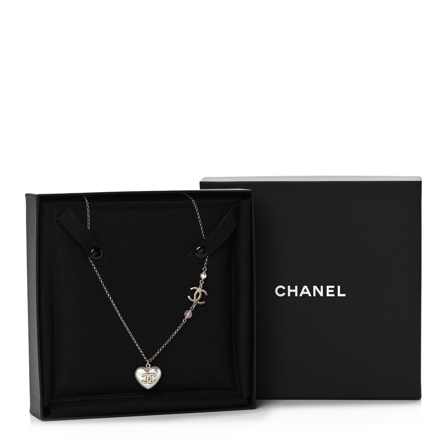 Chanel Resin Crystal CC Heart Necklace Pearly White Gold 6 of 6