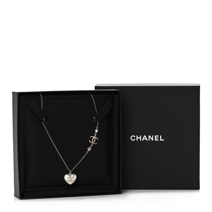 Chanel Resin Crystal CC Heart Necklace Pearly White Gold 6 of 6