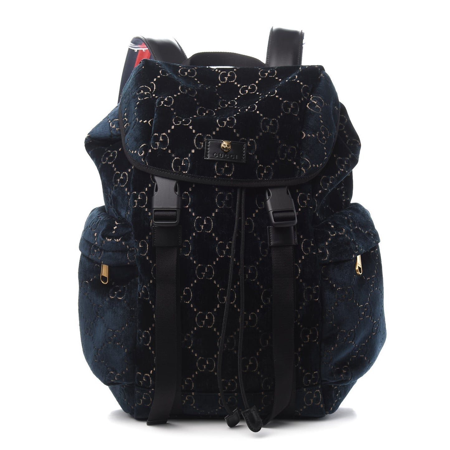 Velvet GG Monogram Web Medium Double Buckle Backpack Blue Beige Black