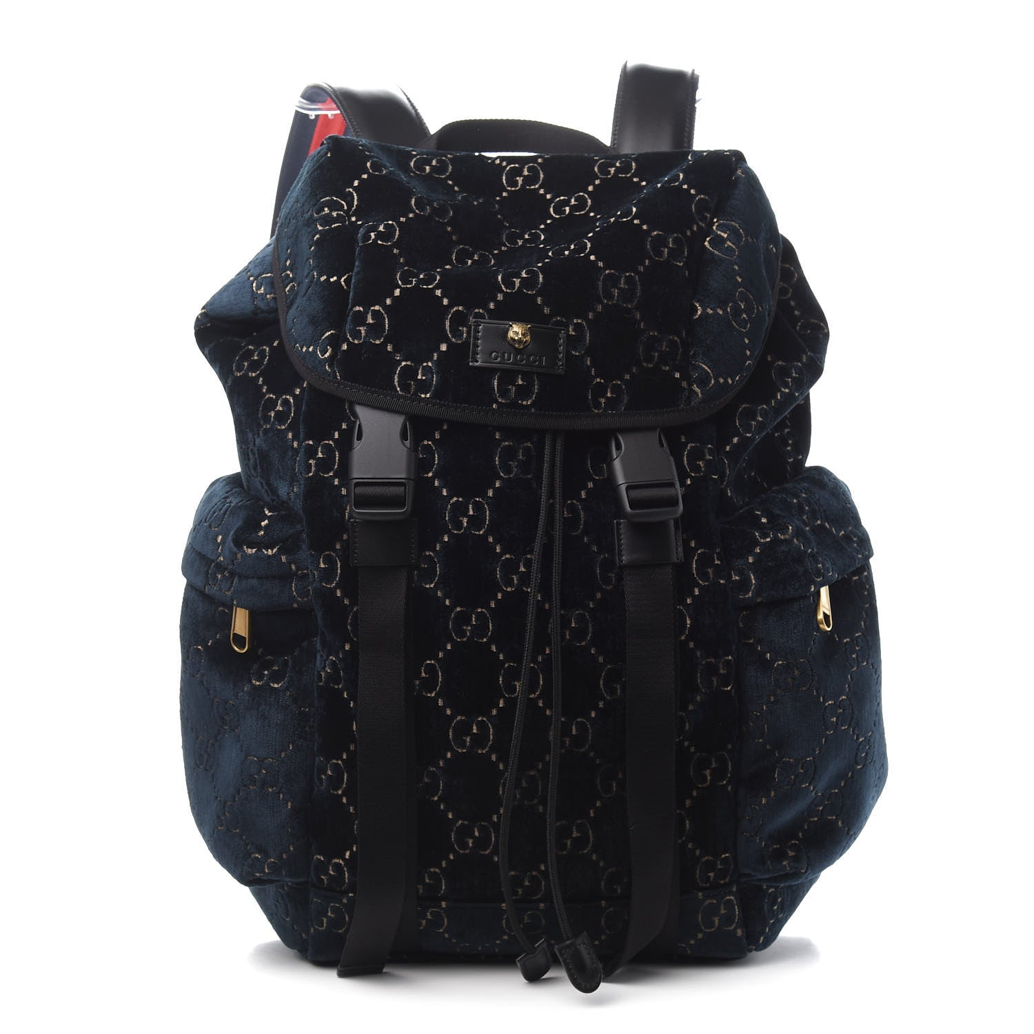 Gucci Velvet GG Monogram Web Medium Double Buckle Backpack Blue Beige Black 1 of 10