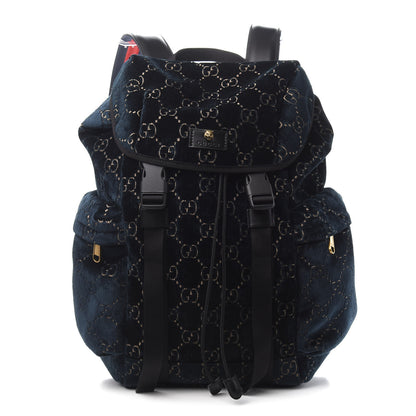 Gucci Velvet GG Monogram Web Medium Double Buckle Backpack Blue Beige Black 1 of 10
