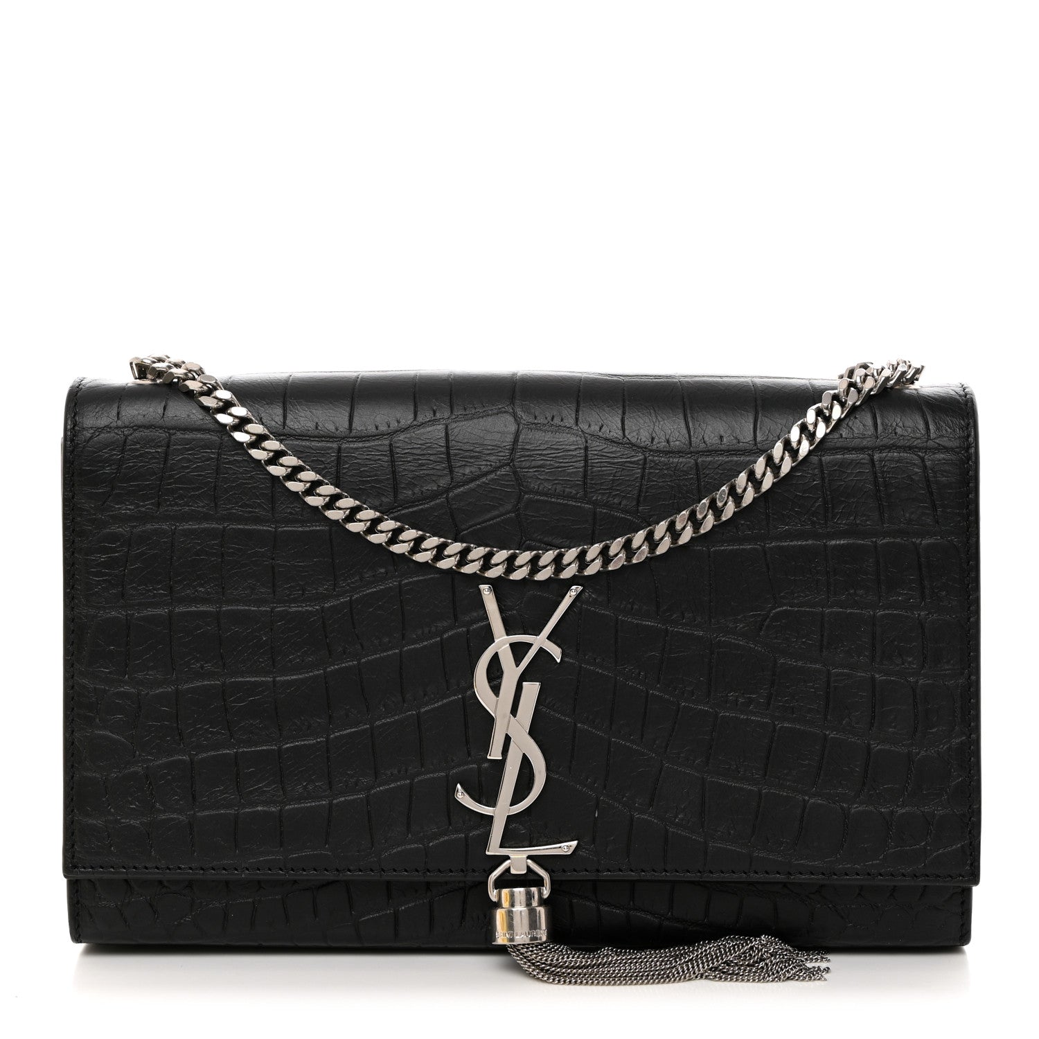 Saint Laurent Calfskin Crocodile Embossed Medium Classic Monogram Kate Tassel Satchel Black 1 of 11