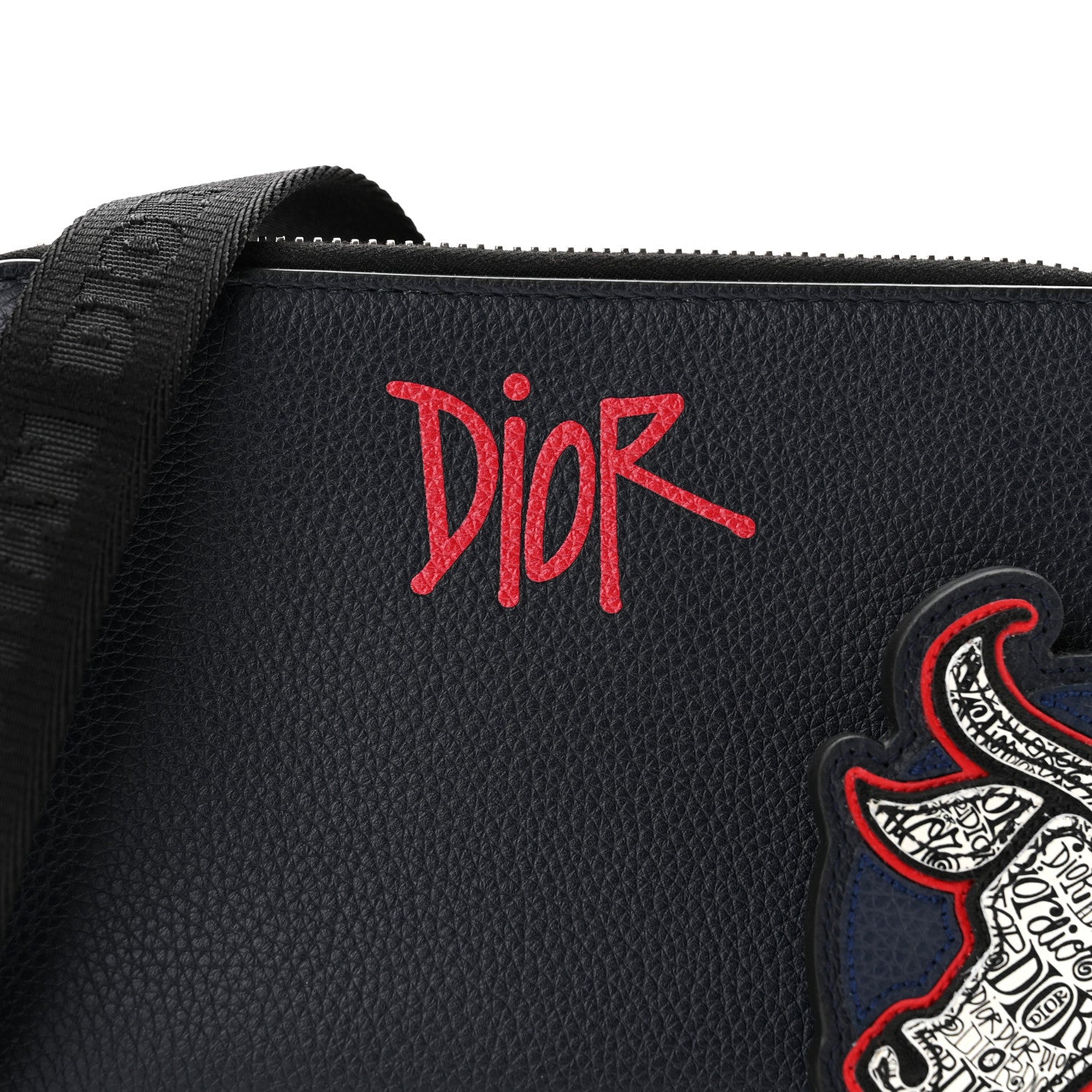 Christian Dior X SHAWN STUSSY Grained Calfskin Ox Head Crossbody Double Zip Crossbody Pouch Navy Blue 7 of 9