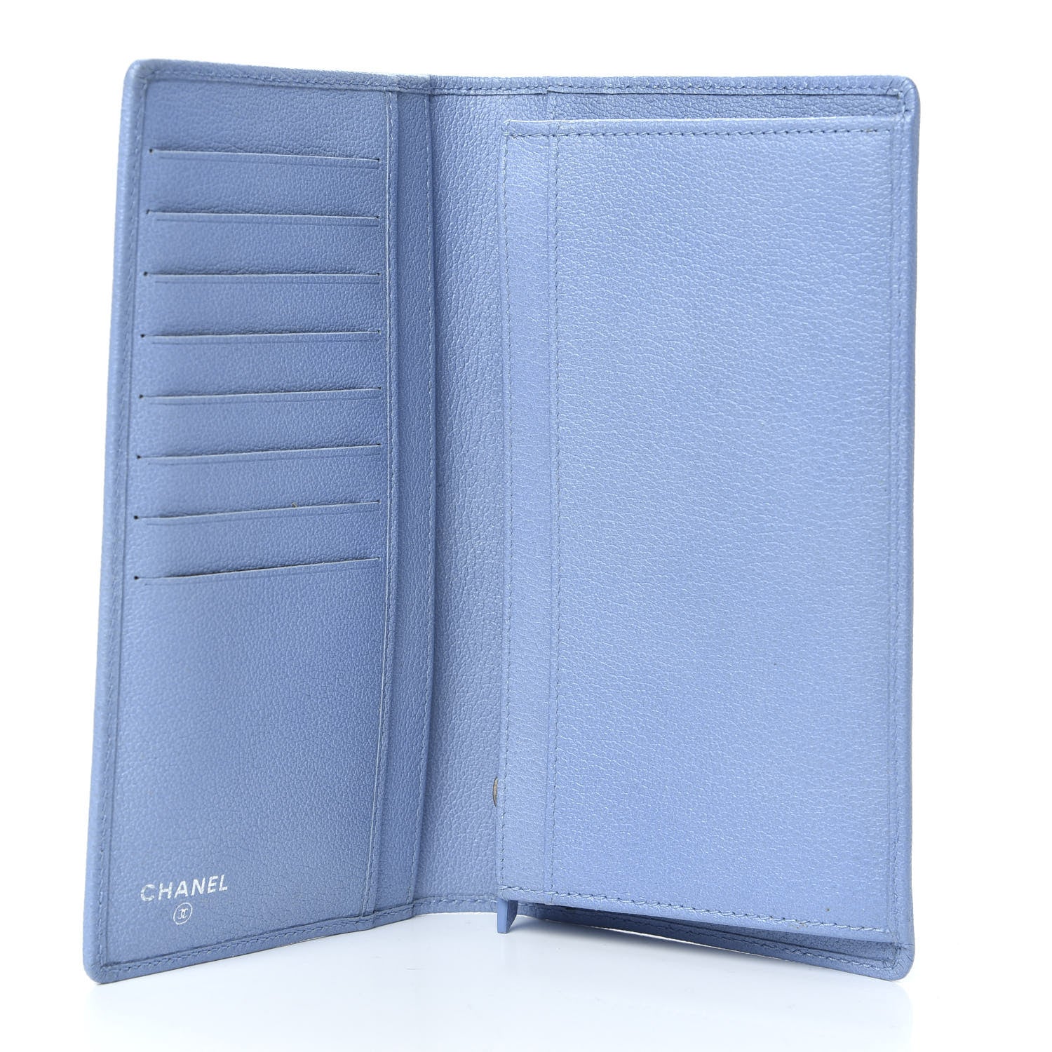 Chanel Goatskin Camellia Embossed Yen Wallet Blue 5 of 13