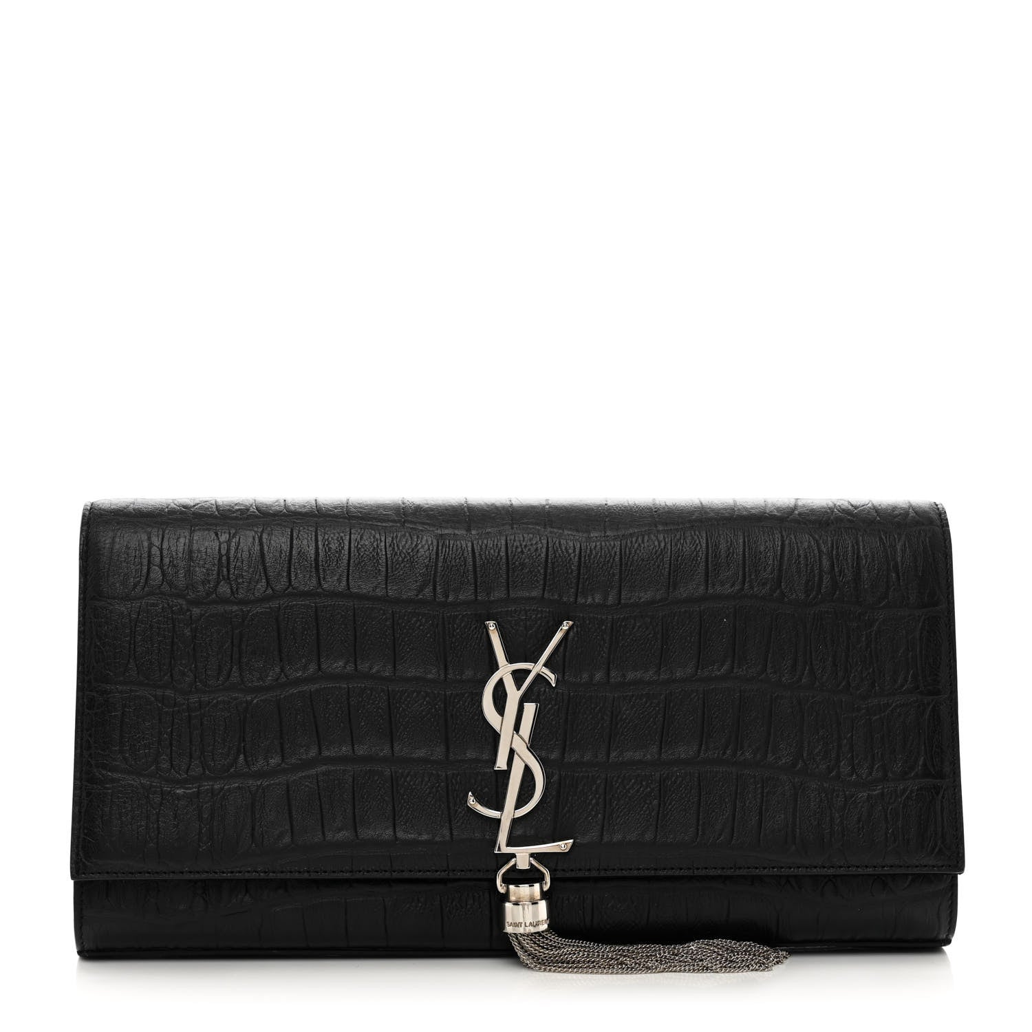 Saint Laurent Calfskin Crocodile Embossed Classic Monogram Tassel Clutch Black 1 of 10