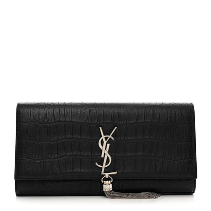 Saint Laurent Calfskin Crocodile Embossed Classic Monogram Tassel Clutch Black 1 of 10