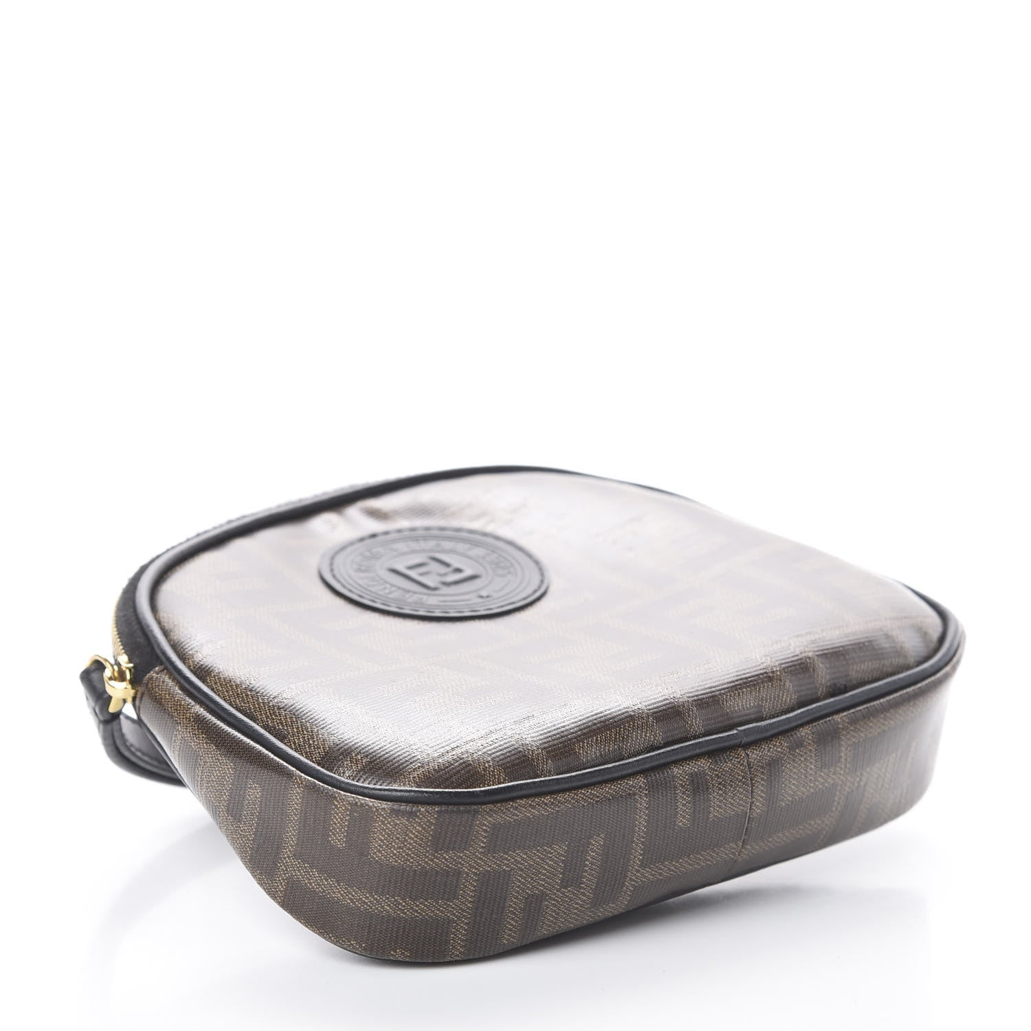 Fendi Glazed Fabric Vitello Century FF 1974 Stamp Patch Medium Cosmetic Case Mogano Panna Black 3 of 5