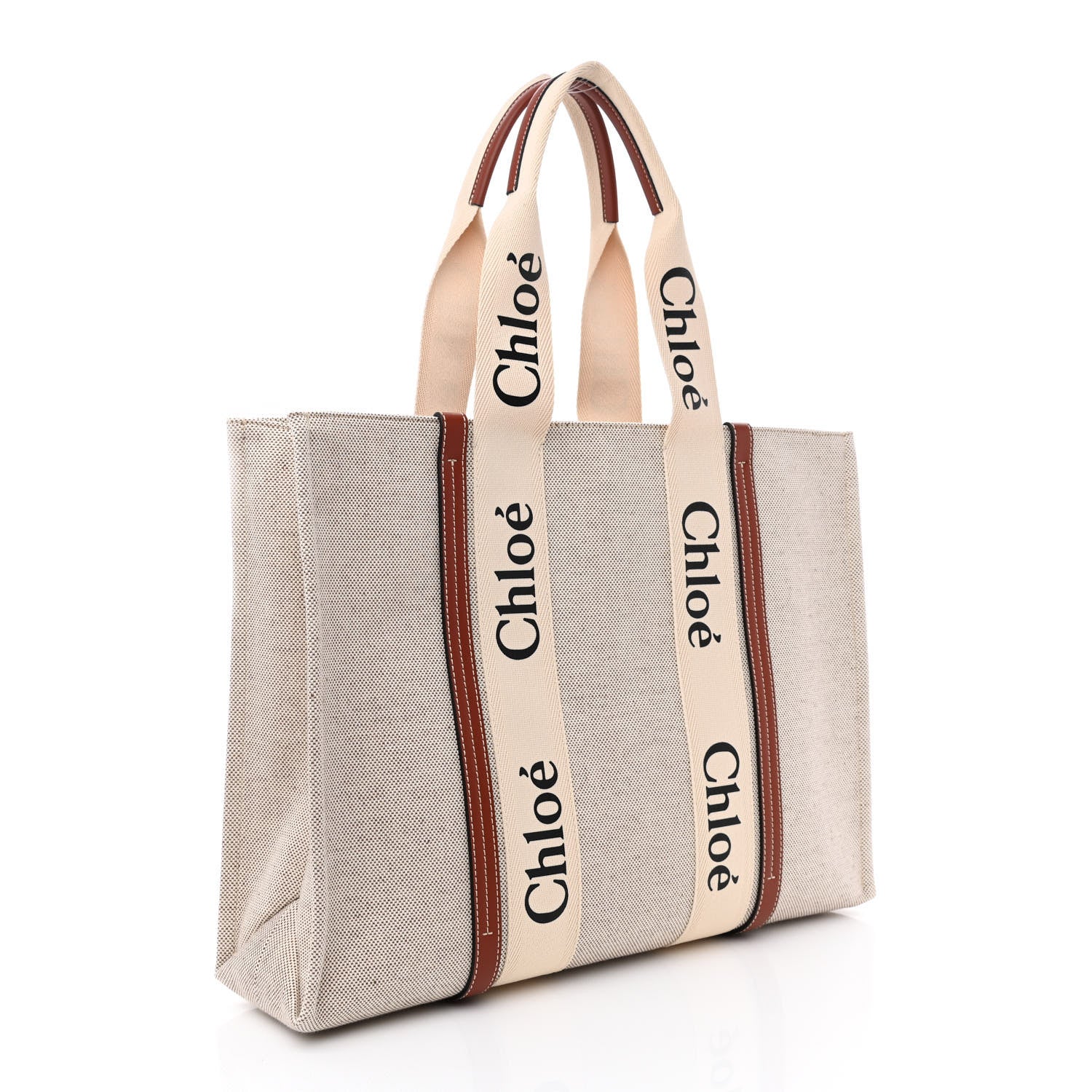 Chloe Cotton Calfskin Large Woody Ribbon Tote White Brown 3 of 10