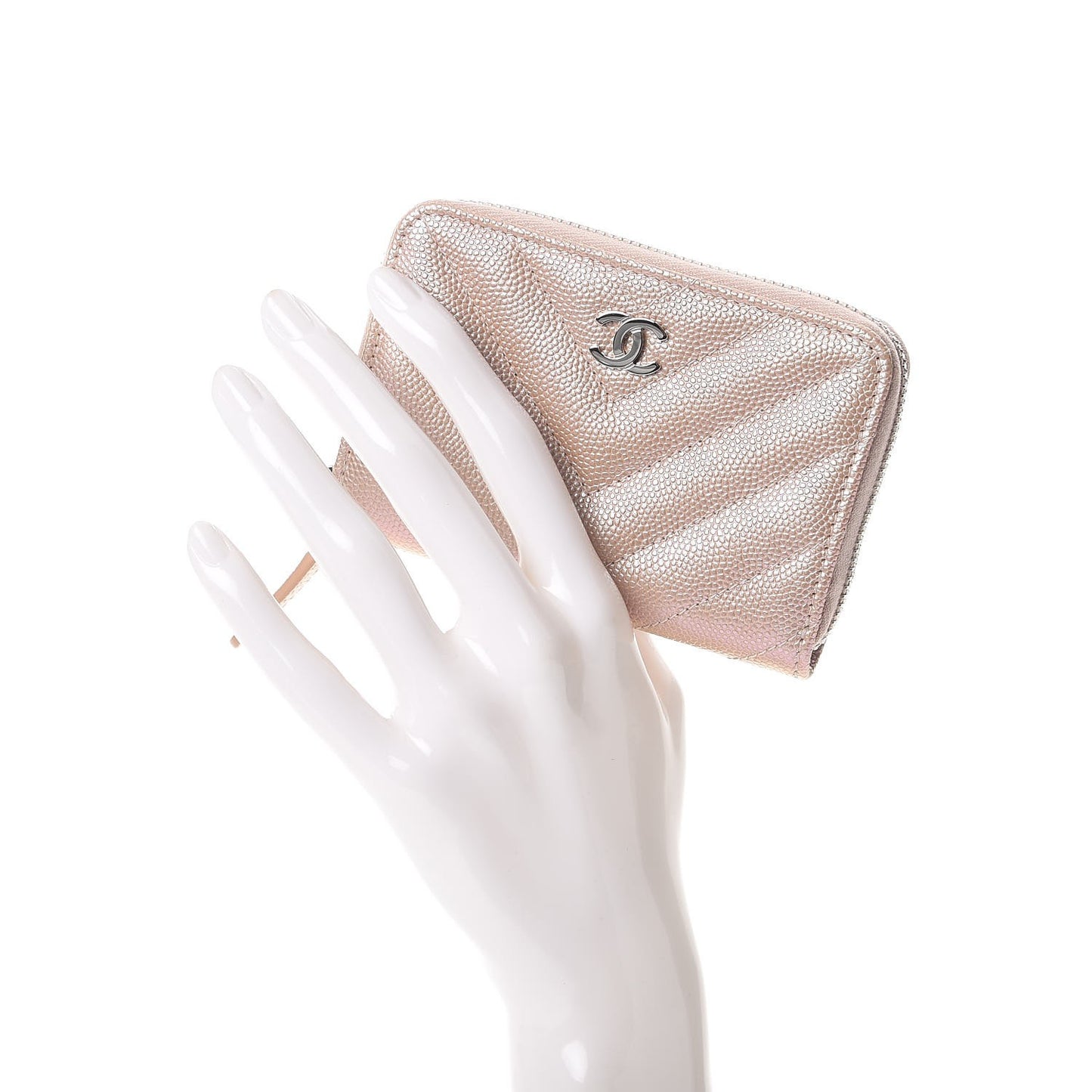 Metallic Caviar Chevron Quilted Zip Around Coin Purse Light Gold