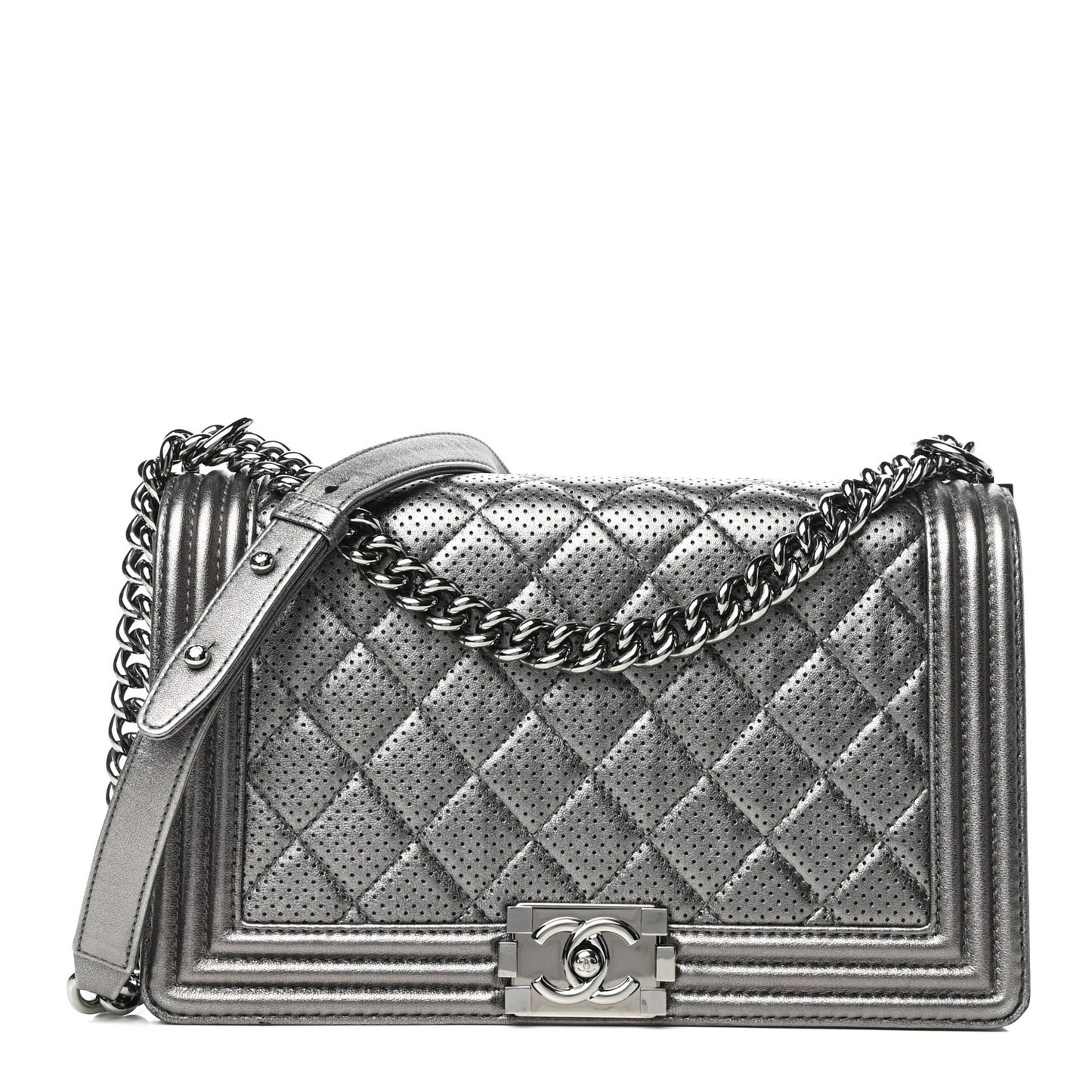 Metallic Lambskin Perforated New Medium Boy Flap Dark Silver
