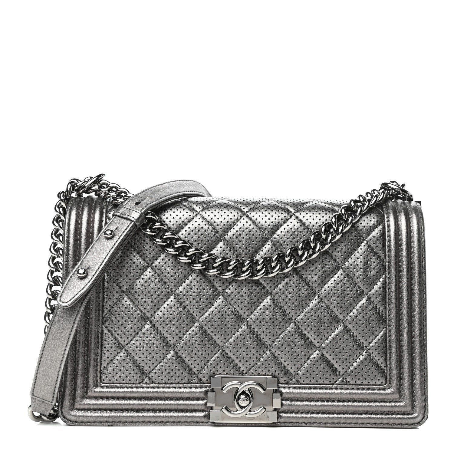 Chanel Metallic Lambskin Perforated New Medium Boy Flap Dark Silver 1 of 9