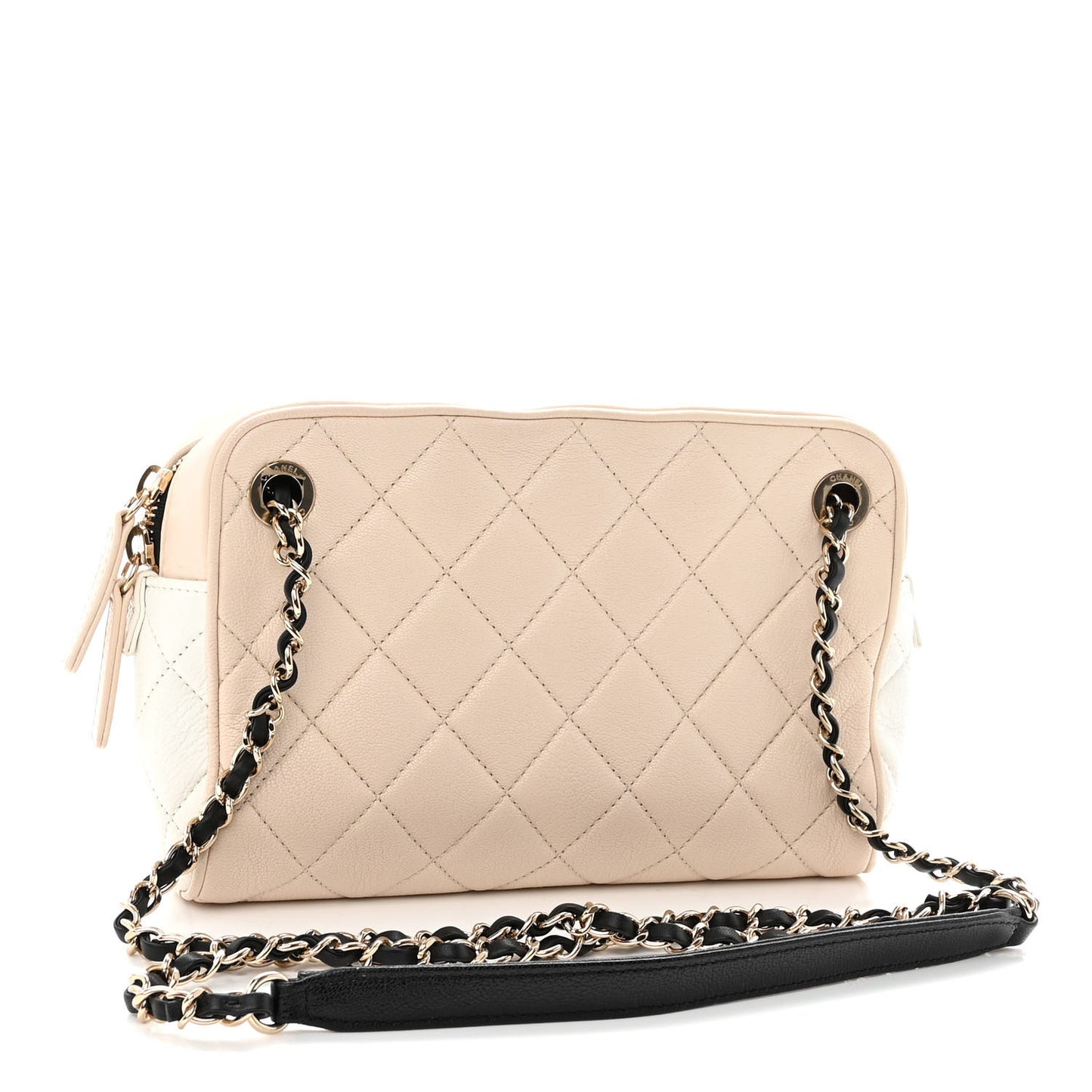 Goatskin Quilted Tri-Color Small In & Out Camera Case Black White Beige