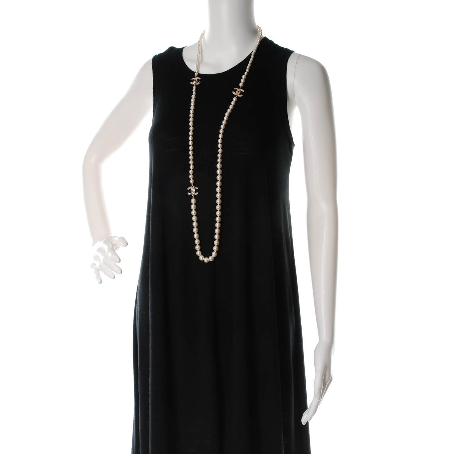 Graduated Pearl Crystal CC Long Necklace Black Gold