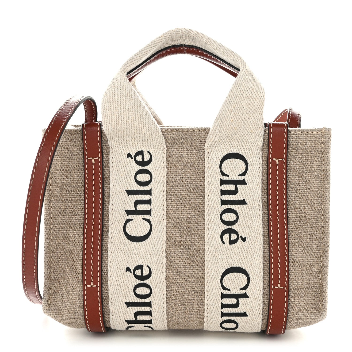 Chloe Cotton Calfskin Mini Woody Ribbon Tote White Brown 1 of 10