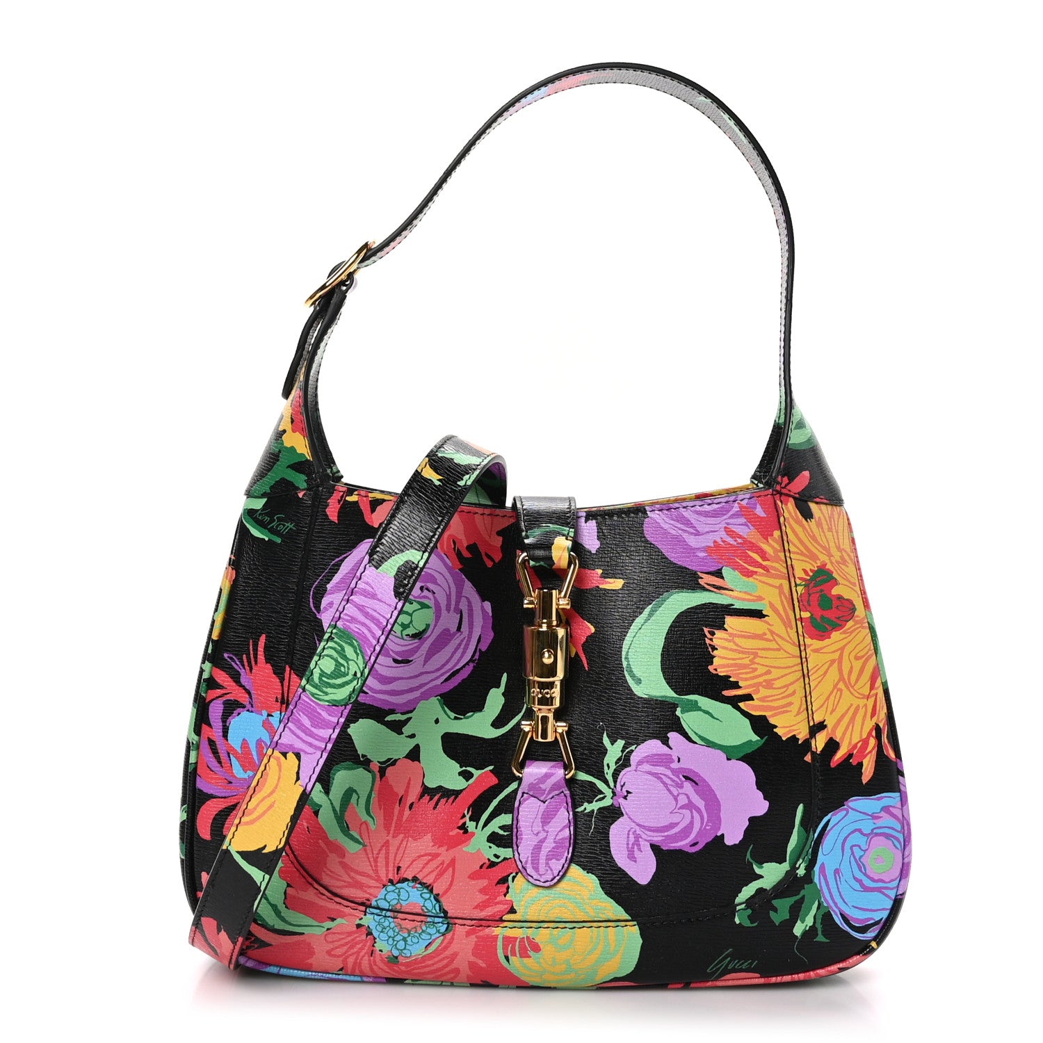 Gucci X KEN SCOTT New Shangai Calfskin Jenny Floral Print Small Jackie 1961 Hobo Black Pink 1 of 10