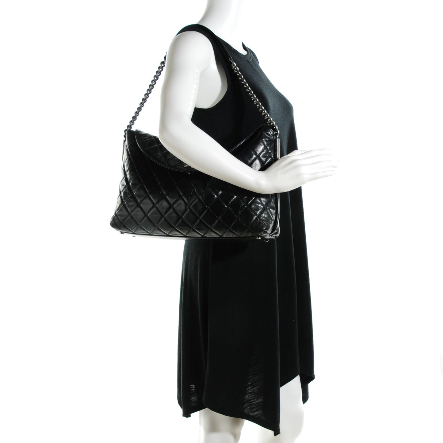 Glazed Calfskin Quilted Hobo Black