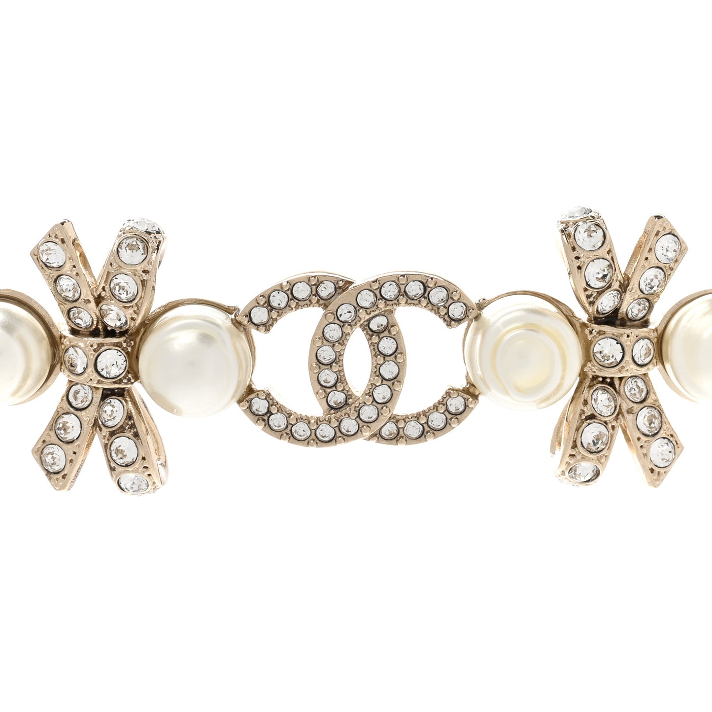 Pearl Crystal CC Bow Choker Necklace Gold