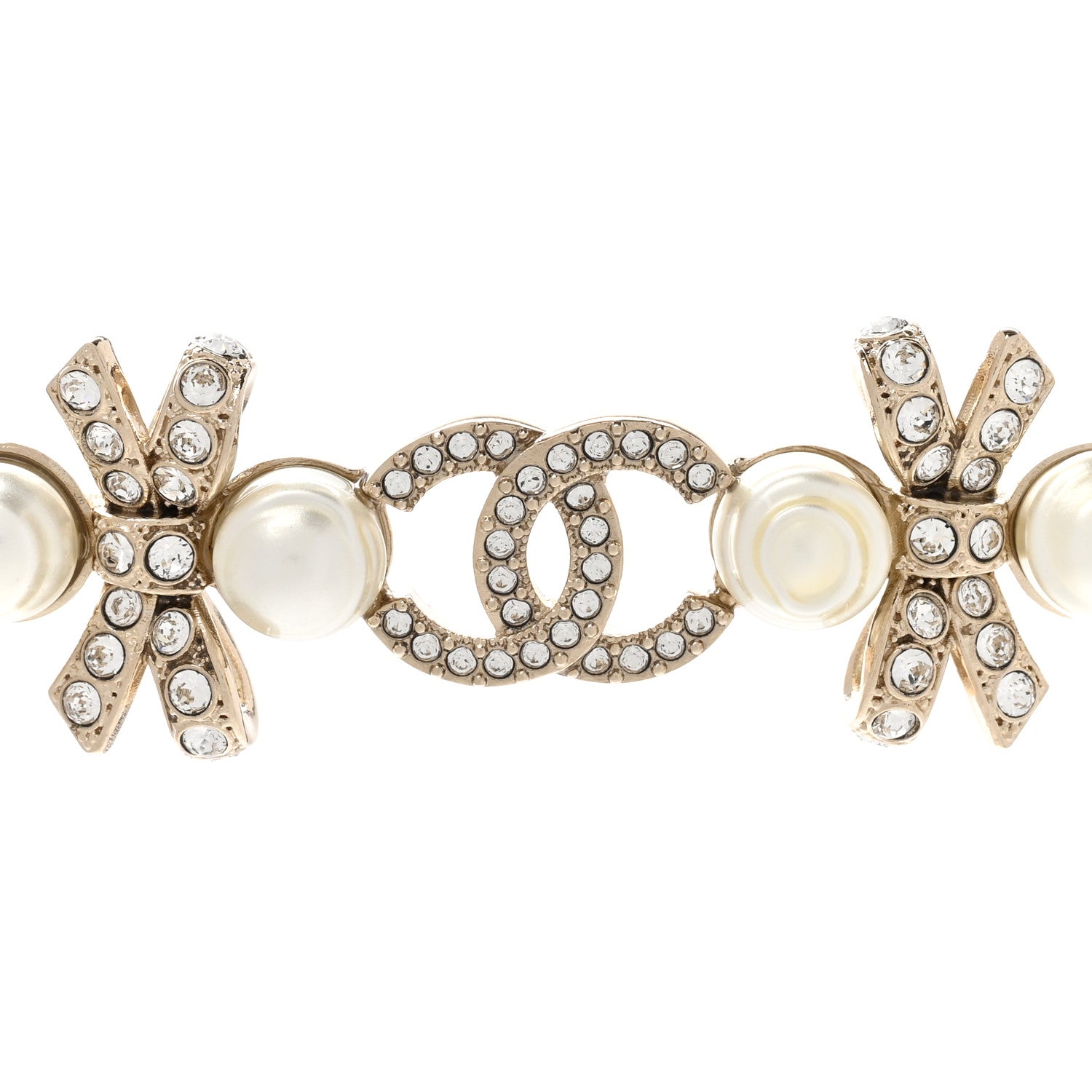 Chanel Pearl Crystal CC Bow Choker Necklace Gold 4 of 6