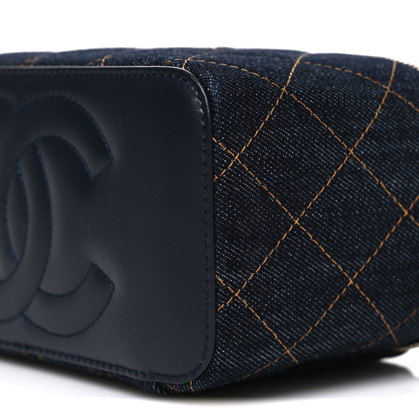 Denim Quilted Small Vanity Case With Chain Dark Blue Orange