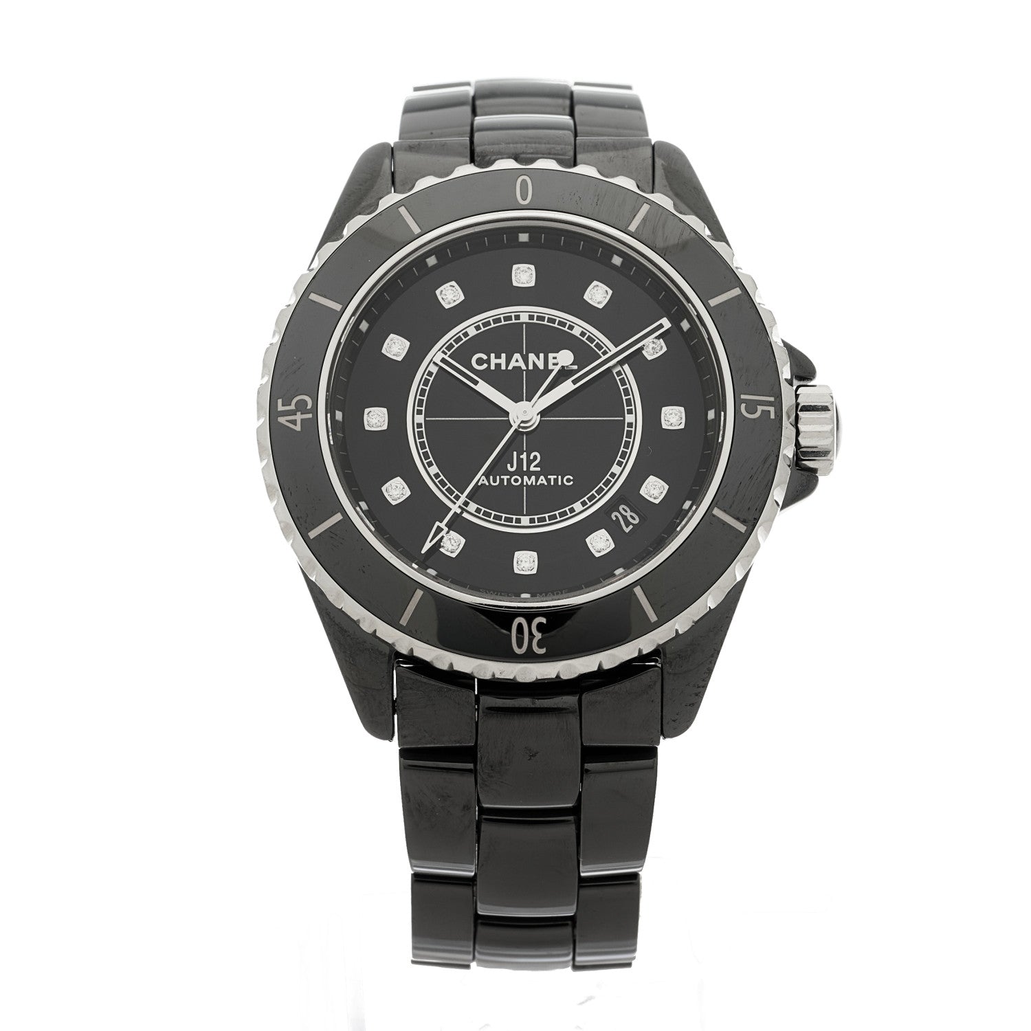 Chanel Stainless Steel Ceramic Diamond 38mm J12 Automatic Watch Black 1 of 5