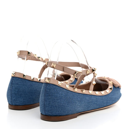 Valentino Garavani Denim Rockstud Bow Ankle Strap Ballerina Flats 41.5 Blue Rose Cannelle 4 of 9