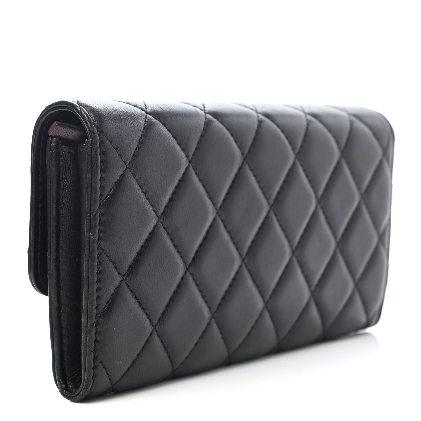 Lambskin Quilted Large Gusset Flap Wallet Black