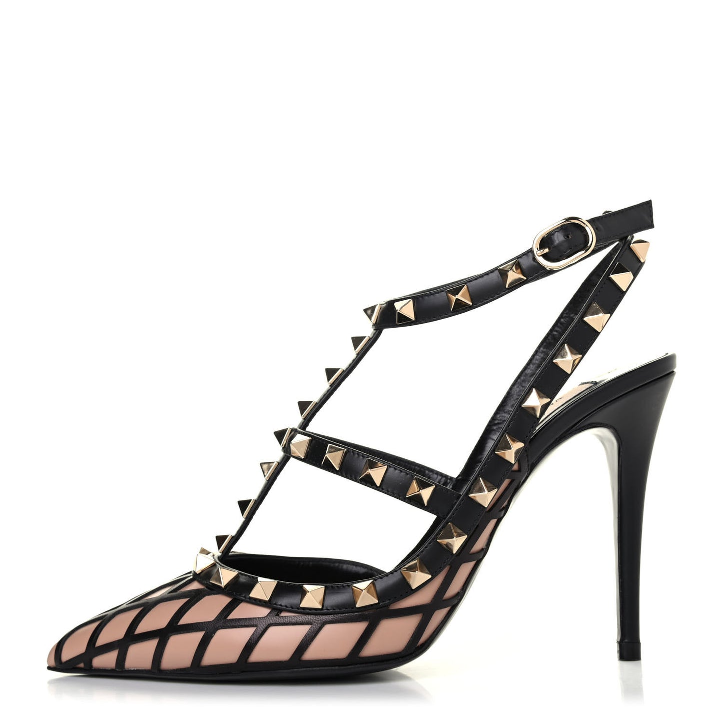 Calfskin Nappa Boudoir Rockstud Ankle Strap 100mm Pumps 38 Rose Cannelle Black