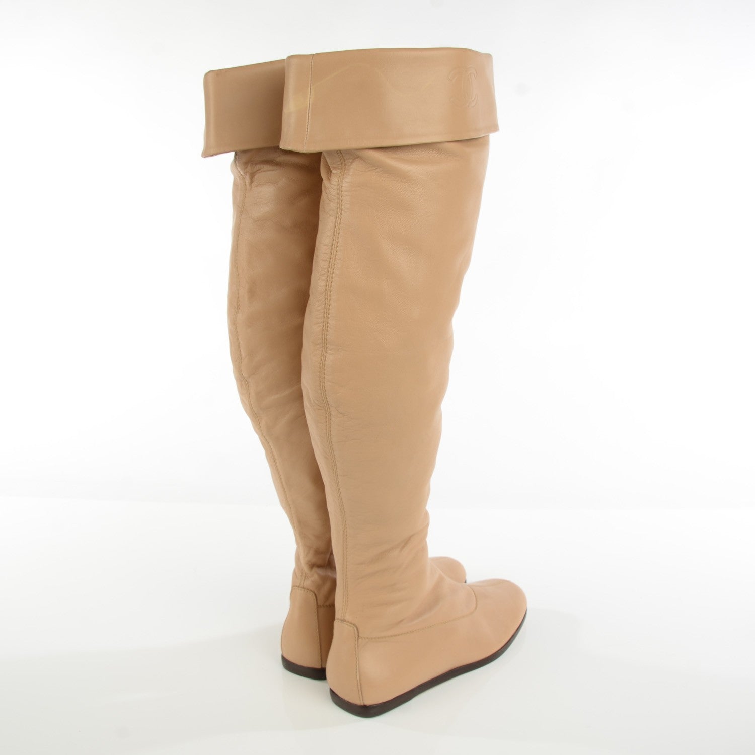 Chanel Lambskin Knee High Boots 38.5 Beige 4 of 8