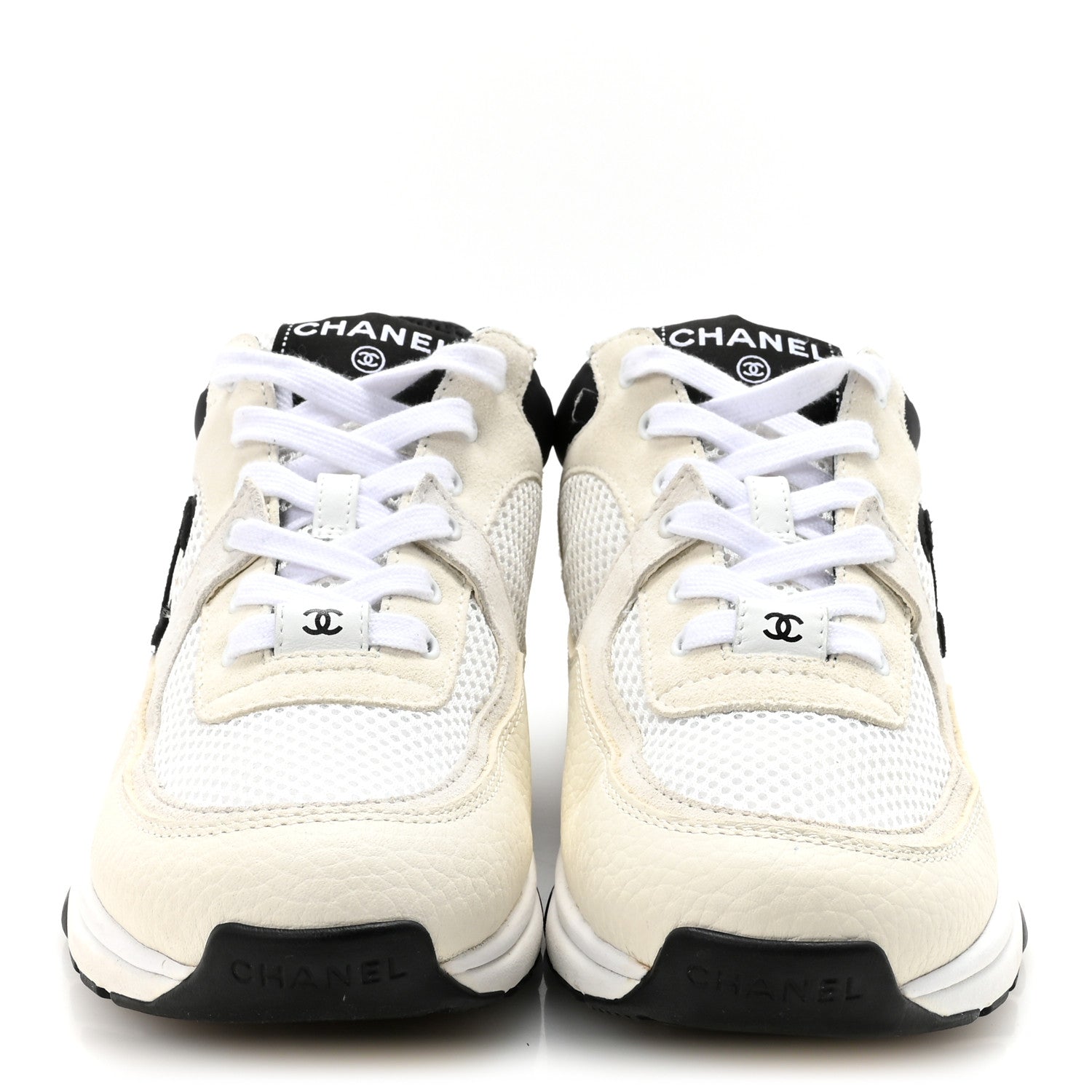 Chanel Mesh Suede Calfskin Grained Calfskin Womens CC Sneakers 37.5 White Black 3 of 10